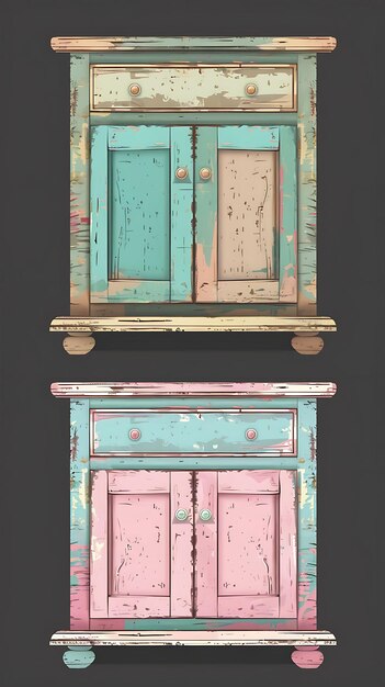 Set von Shabby Chic Sideboards 32 Bit Pixel mit distressed Wood und Game Asset Design Concept Art