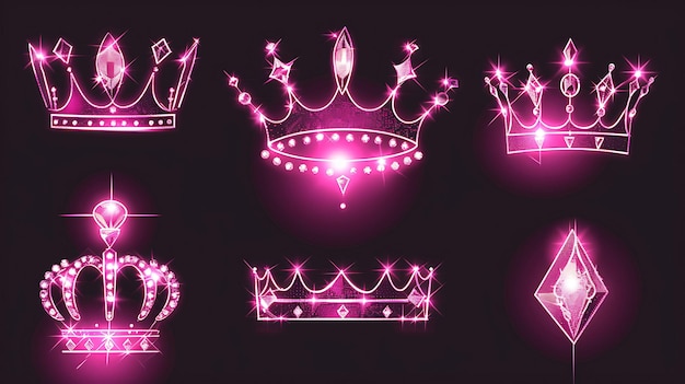 Set von Sparkling Tiara 16-Bit-Pixel mit Juwelen und Prinzessin-Symbol-Spiel-Asset-T-Shirt-Konzeptkunst