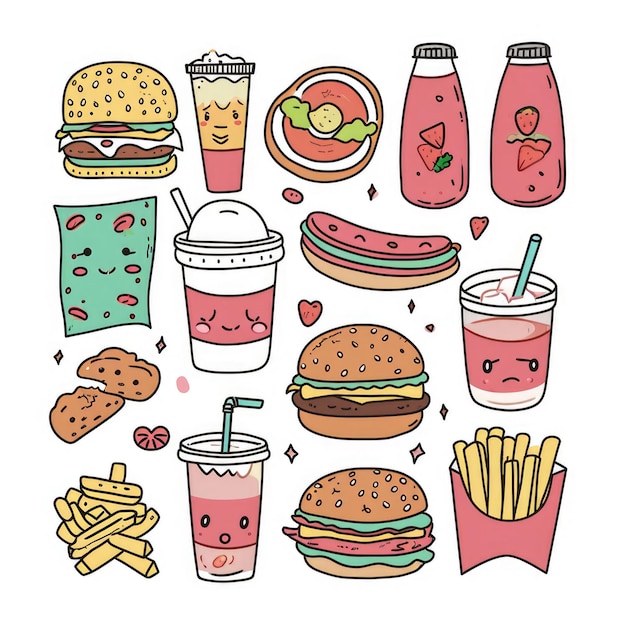 Set von Speisen in verschiedenen Cartoon-Stilen
