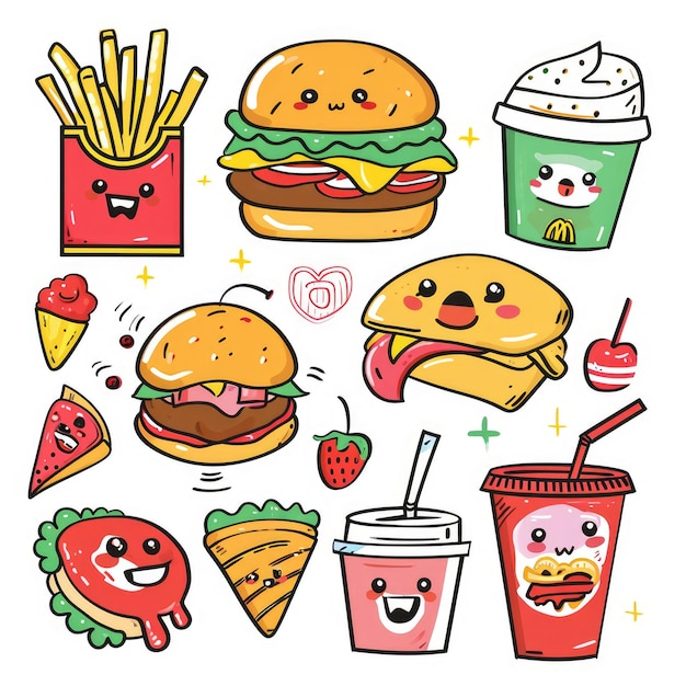 Set von Speisen in verschiedenen Cartoon-Stilen