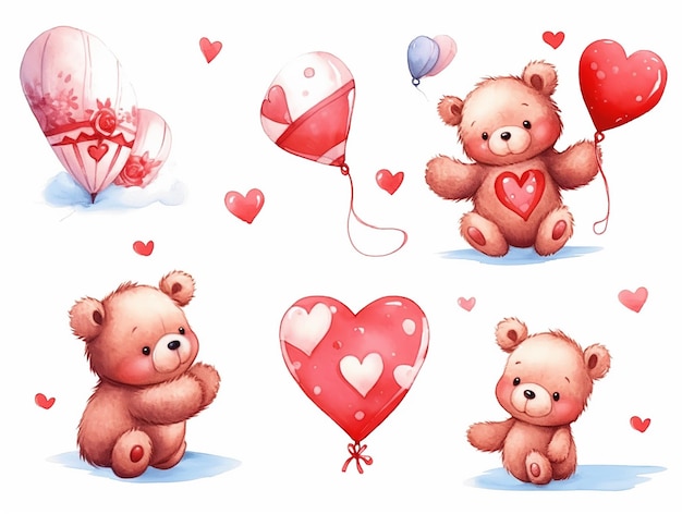 Set von Teddybären und Ballonfeier Geschenke süßes Baby Teddybär Zeichnen Vektor Illustration Sammlung lustiger Bär mit rosa Herz für Valentinstag Aquarell-Stil