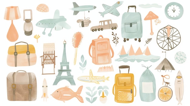 Set von Urlaubselementen, Reise-Dekoration, Aquarelldekoration