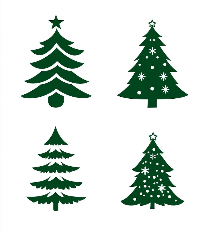 Foto set von vier festlichen grünen weihnachtsbaum illustrationen