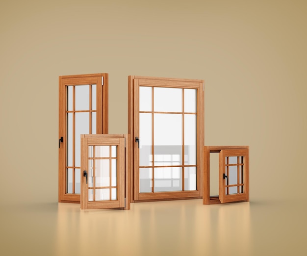 Set von vier Holzrahmenfenstern in verschiedenen Größen mit mehreren Glasflächen 3D-Illustration