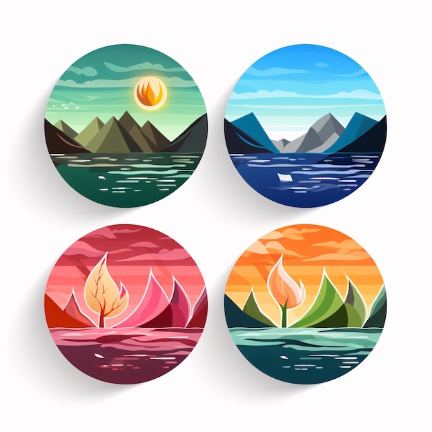 Set von vier runden Ikonen mit Bergen, Wald und See Vektor-Illustration