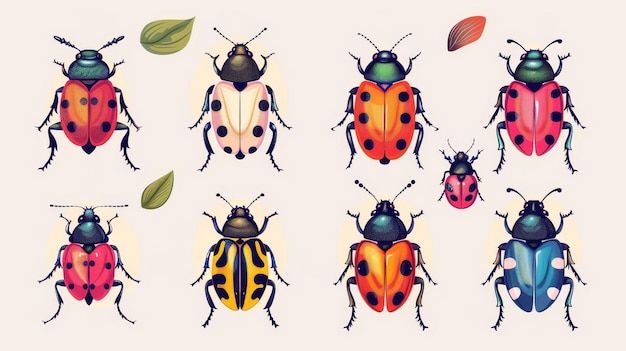 Foto set von wilden käfern mit mehrfarbigen flügeln fauna natur flecken und streifen ladybug firebug moderne illustration isoliert auf weiß