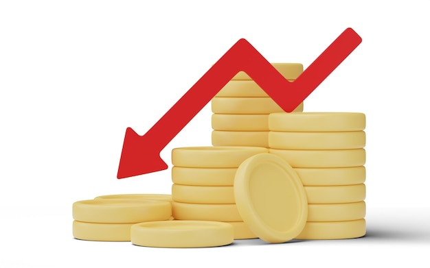 Seta apontando para baixo na pilha de moedas isoladas em fundo branco