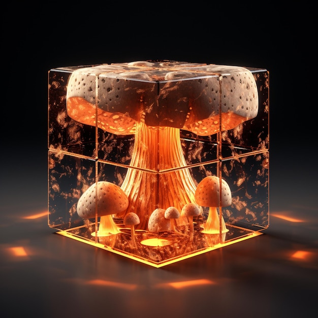 Seta arafed en un cubo de vidrio con fuego y humo ai generativo
