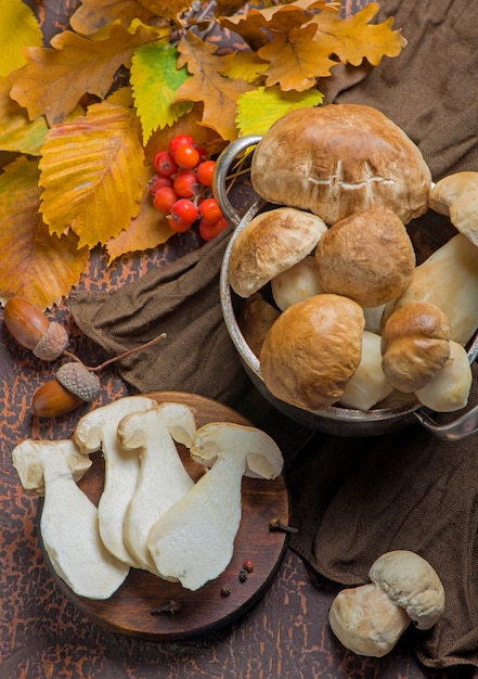 Seta Boletus edulis sobre fondo de madera