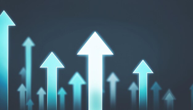 Seta clara para cima no conceito de crescimento digital de composição de espaço de cópia de fundo escuro