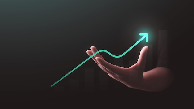 Seta de melhoria de crescimento de mão para cima fundo de lucro de negócios de sucesso do ícone de diagrama de gráfico de conquista para frente de objetivo ou aumentar o sinal de gráfico de ações de direção financeira e estratégia de desenvolvimento de motivação