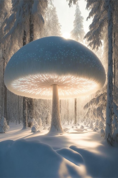 Seta grande que se sienta encima de un ai generativo del bosque cubierto de nieve