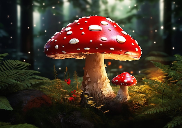 seta roja sentado suelo bosque setas grandes base de peyote partículas mágicas codicia país de las maravillas