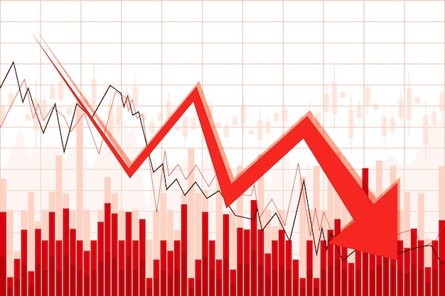 Seta vermelha para baixo e concepção de recessão de crise de dados financeiros