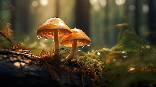 Setas del Bosque de Otoño con Gotas de Lluvia Macro Delicia