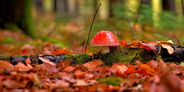 Setas en el campo del bosque de otoño Rowan berry branchmorning gotas de agua de rocío y hierba