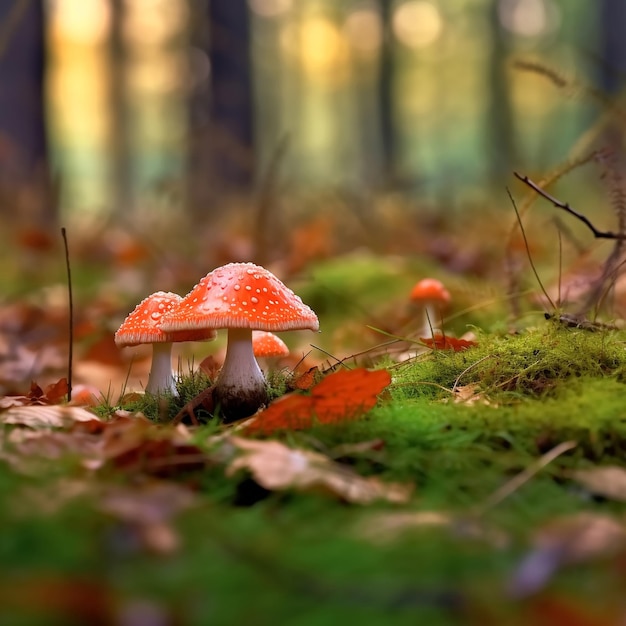 Setas en el campo del bosque de otoño Rowan berry branchmorning gotas de agua de rocío y hierba