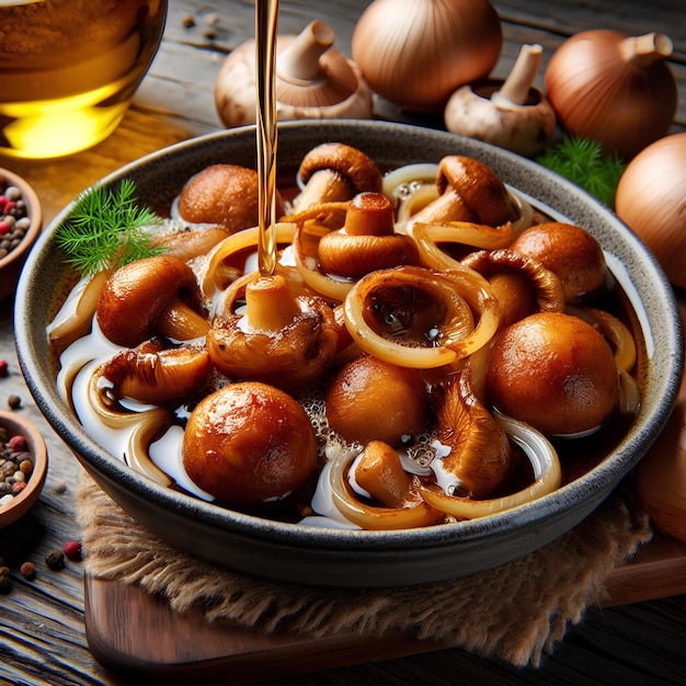 setas y cebollas fritas cocidas en aceite profundo