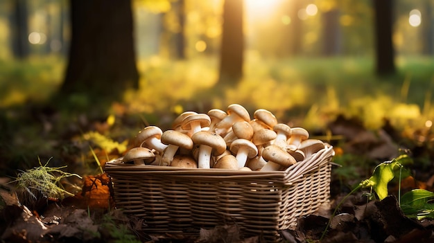 setas de champignon en una canasta de madera sobre un fondo borroso del bosque de otoño IA generativa