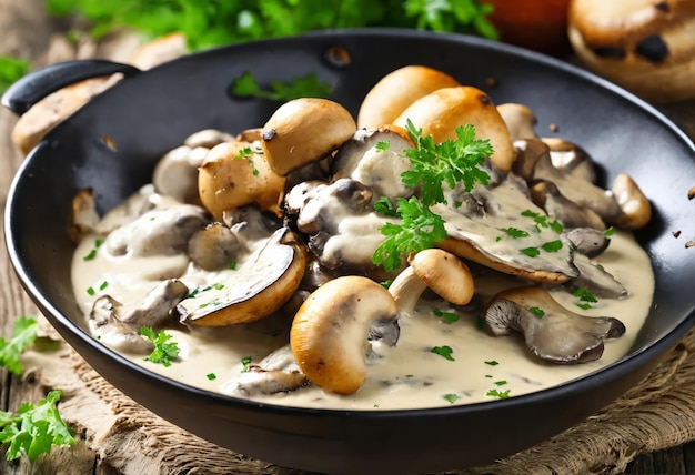 setas de champignon en una salsa de crema agria