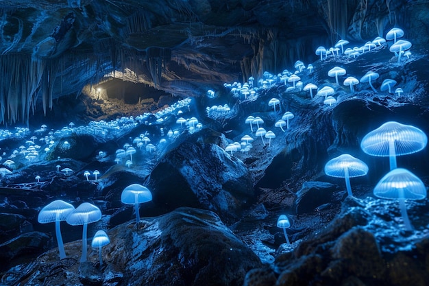 setas en una cueva con luces azules