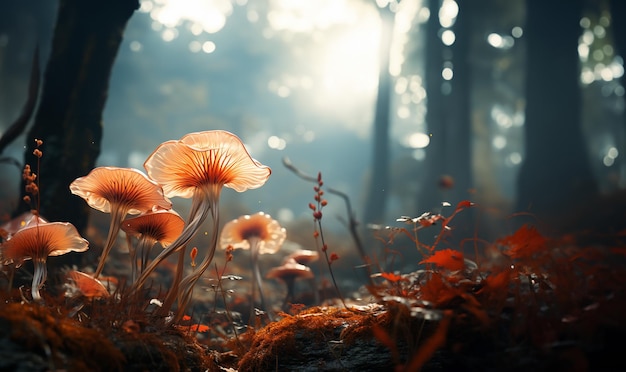 Setas de fantasía mágicas y brillantes en un bosque de ensueño de cuento de hadas encantado Colores de otoño con brillo de neón