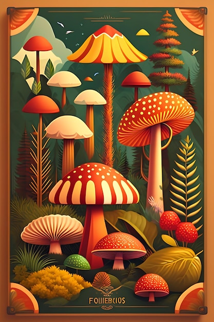 Setas y hongos en el bosque Ilustración cartel vintage retro Plantas botánica y fauna