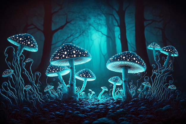 Setas luminosas en el bosque azul de la noche.