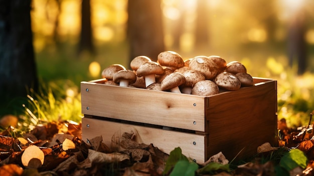 Foto setas porcini en una caja de madera sobre el fondo borroso del bosque ia generativa