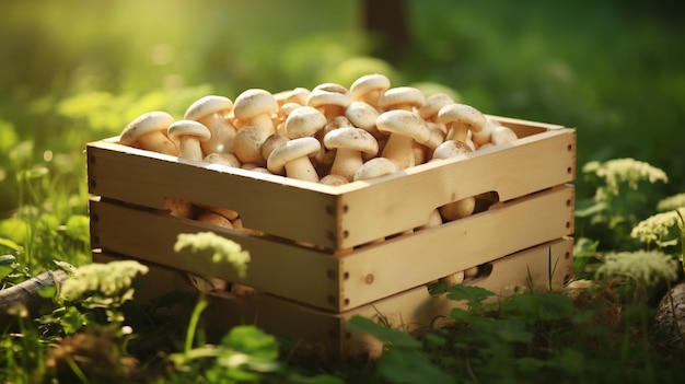 setas porcini en una caja de madera sobre el fondo borroso del bosque IA generativa