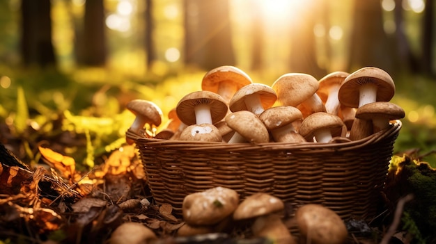 setas porcini en una canasta de madera sobre un fondo borroso del bosque de otoño IA generativa