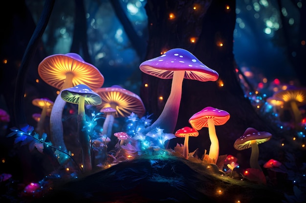 Setas que brillan intensamente coloridas en un bosque místico