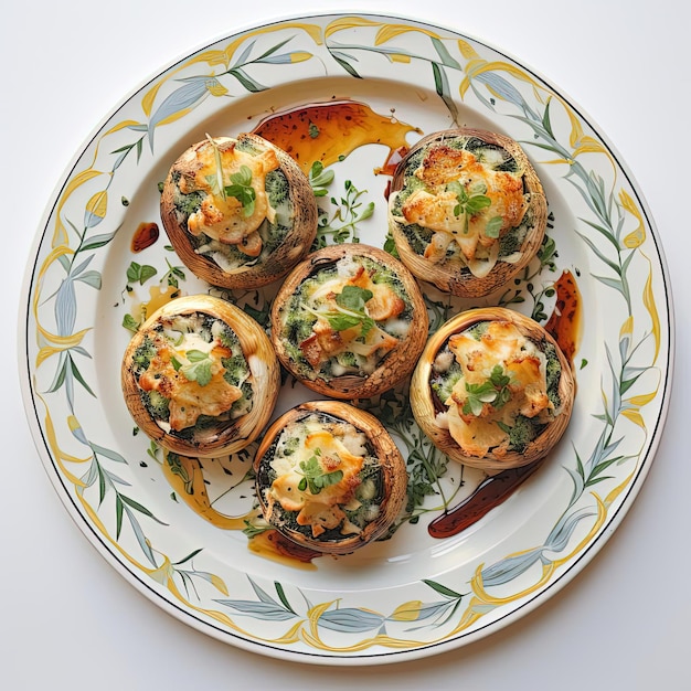 setas rellenas en un plato blanco con ingredientes al estilo de Kodak Portra