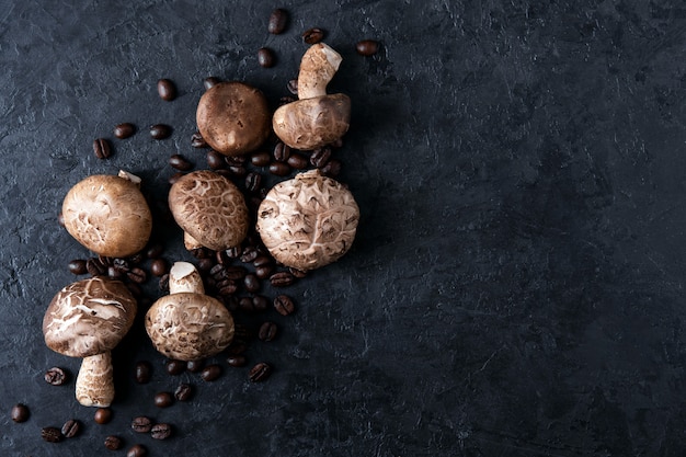 Setas shiitake con granos de café sobre un fondo oscuro.