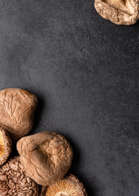 Setas shiitake secas sobre fondo negro Vista de primer plano encima de la mesa