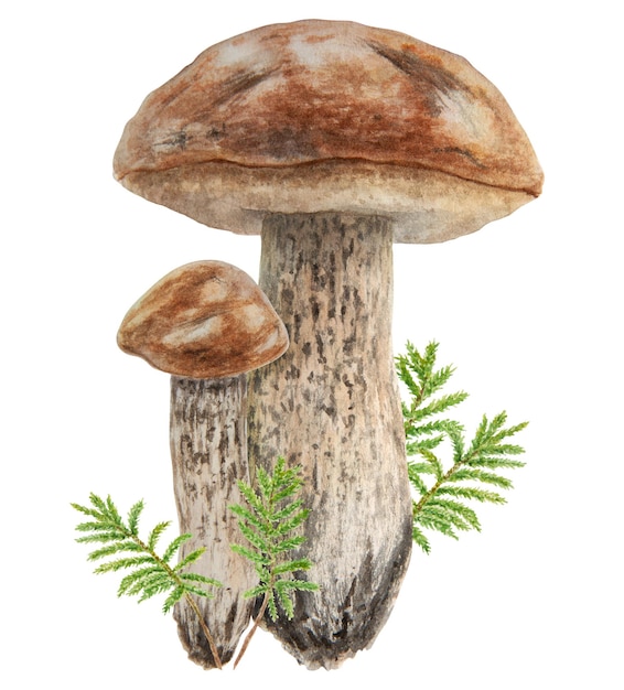 Setas silvestres y musgo acuarela dibujada a mano ilustración botánica realista Forest boletus isolat