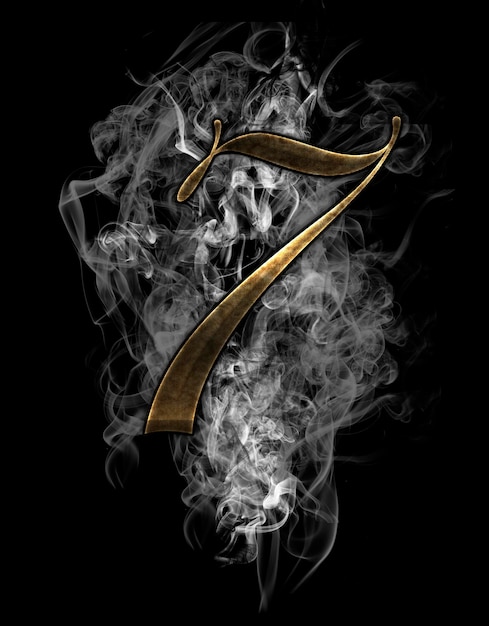 sete, ilustração de número com efeitos de ouro sobre fundo de fumaça
