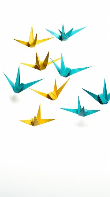 Foto sete pássaros origami azuis estão voando liderados por um pássaro amarelo