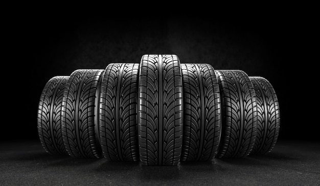Foto sete rodas de carro em fundo preto. renderização 3d