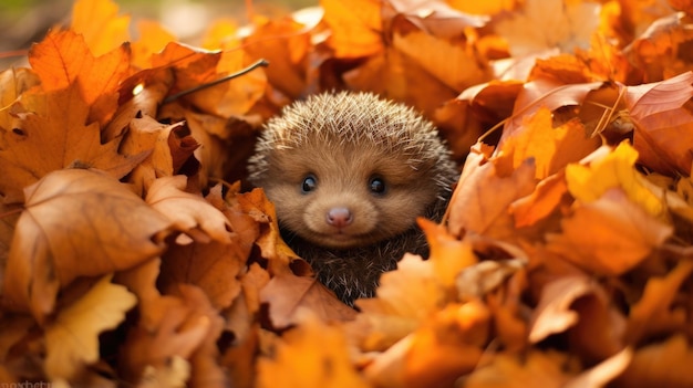 El seto está oculto dentro de una pila de hojas perfecto para diseños con temas de otoño e ilustraciones de la naturaleza