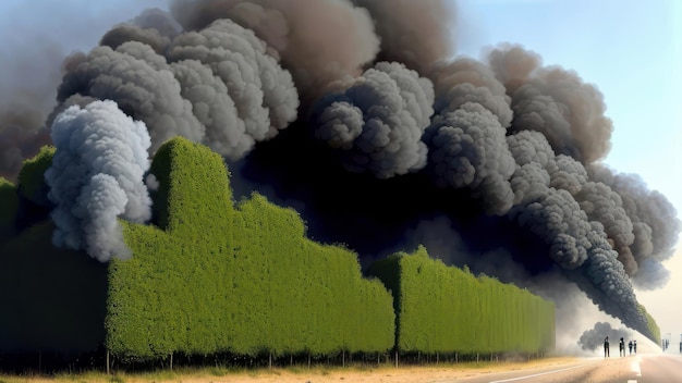 Un seto verde está rodeado por una hilera de árboles y humo.