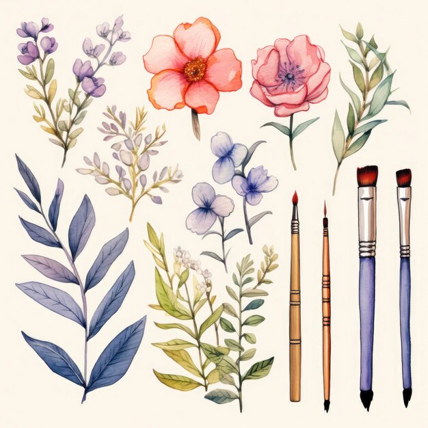 Setzen Sie Blumenblätter und pinseln Sie Aquarell