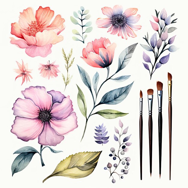 Setzen Sie Blumenblätter und pinseln Sie Aquarell