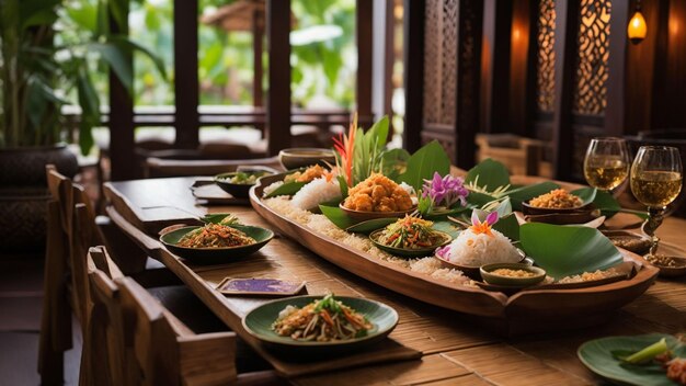 Foto setzen sie die szene mit einem gemütlichen holztisch geschmückt mit reis thai food der duft und präsentation sagen ein