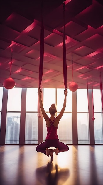 Setzen Sie sich auf den Spagat. Mädchen übt Anti-Schwerkraft-Yoga-Sprung. Frau trainiert im Fitnessstudio. Generative KI