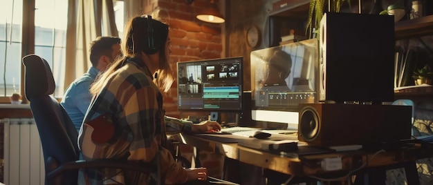 Foto seu colega trabalha em um projeto em seu computador pessoal com dois monitores e eles trabalham em um escritório de loft criativo