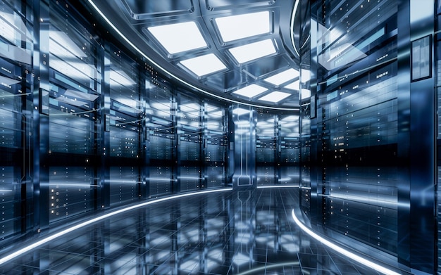 Sever racks y centro de datos big data y concepto de computación en la nube representación 3d