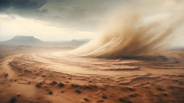 Foto un severo diablo de polvo girando a través de un terreno árido un tornado en miniatura en la extensión del desierto