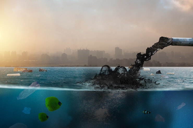 Foto sewag que fluye desde el polígono industrial hasta el océano con la ciudad de fondo
