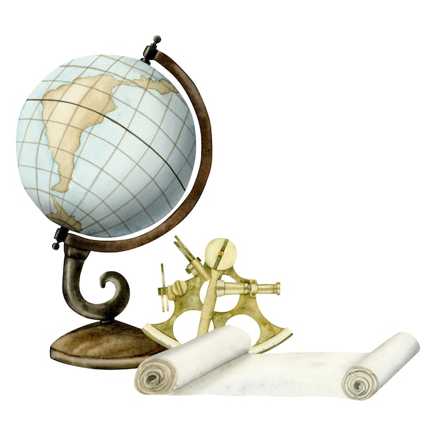 Foto sextante de globo vintage e ilustração de aquarela de rolagem de mapa para aventuras de viagem à vela